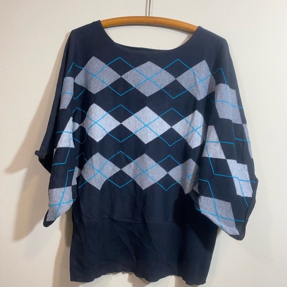 Y2K Preppy Lane Bryant Argyle Sweater 22/24W Batwing Dolman Sleeve Knit Top - Picture 2 of 7